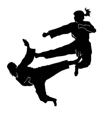 Üstten ve alttan birbirini tekmeleyen iki dövüş sporcusunun vektör silueti.