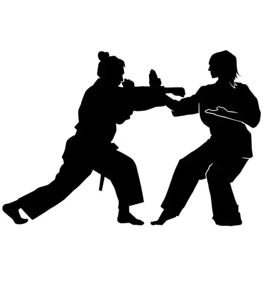 İki karateci kadının vektör silueti yumruklaşıp engelliyor.