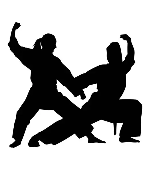 İki dövüş sporcusunun vektör silueti bir darbeyi savuşturuyor.