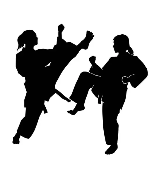 İki karate kadınının vektör silueti tekme ve savunma dövüşü
