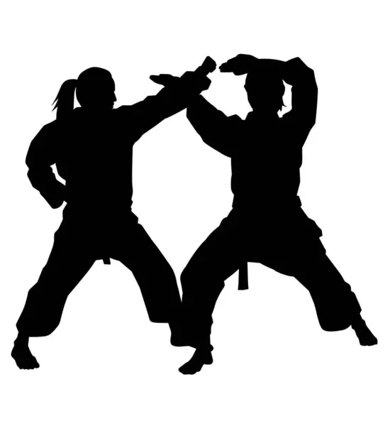 İki dövüş sporcusunun vektör silueti birbirlerinin aparkat saldırılarını engelliyor.