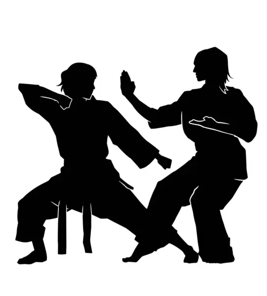 İki dövüş sporcusunun vektör silueti rakibinin bacağına saldırmaya hazır.