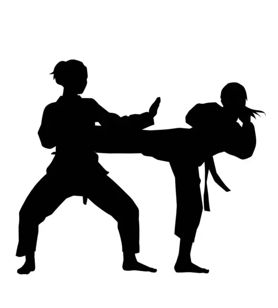 İki dövüş sporcusunun vektör silueti birbirini yumrukluyor ve tekmeliyor.
