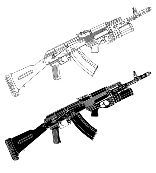 Siyah ve beyaz saldırı tüfeği AK 74 ve el bombası vektör çizimi