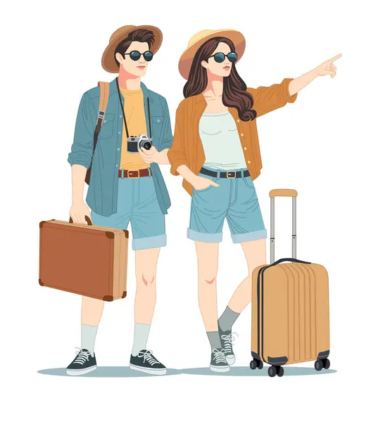 Şapka, güneş gözlüğü ve seyahat çantası takan bir çift.