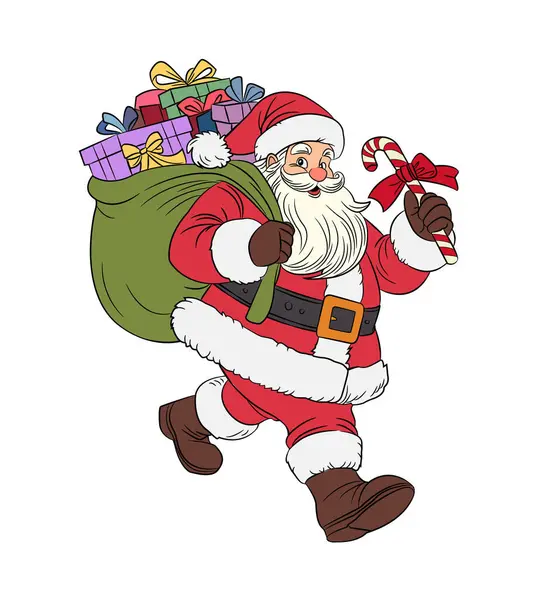 Gülümseyen Noel Baba hediye dolu büyük bir çanta taşıyor.