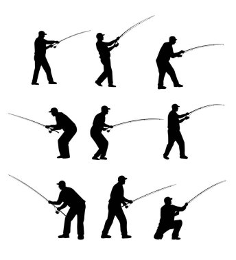 Oltayla balık tutan adamların vektör silueti.