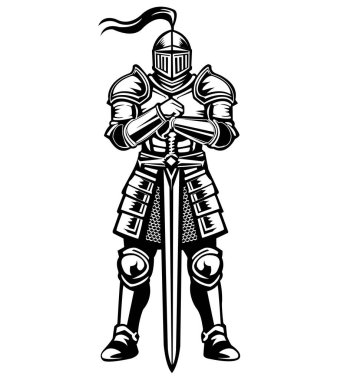 Uzun bir kılıç tutan zırhlı bir şövalyenin siyah-beyaz çizimi.