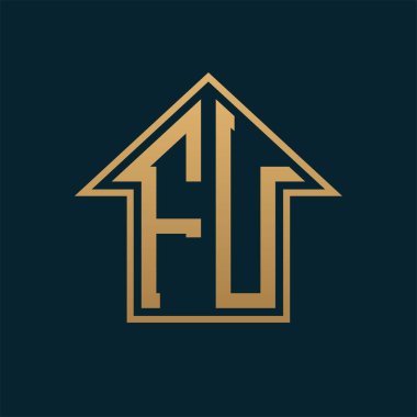 Lüks FU Ev Logosu - Premium Gayrimenkul için Karanlık Arkaplan Üzerine Zarif Altın Harf FU
