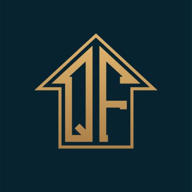 Lüks QF Ev Logosu - Premium Gayrimenkul için Karanlık Arkaplan Üzerine Zarif Altın Mektup