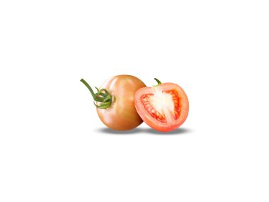 Olgun domatesi dilimle veya kırmızı Solanum licopersicum ile kapatın. Beyaz arka planda izole edilmiş.