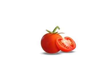 Olgun domatesi dilimle veya kırmızı Solanum licopersicum ile kapatın. Beyaz arka planda izole edilmiş.