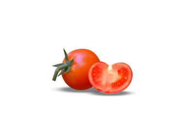 Olgun domatesi dilimle veya kırmızı Solanum licopersicum ile kapatın. Beyaz arka planda izole edilmiş.