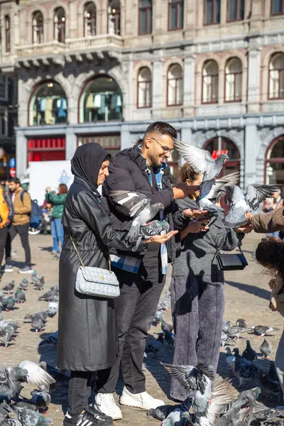 Amsterdam, Hollanda 5 Ekim 2024: Ortadoğu çifti baraj meydanında güvercinlerle eğleniyor, turistler