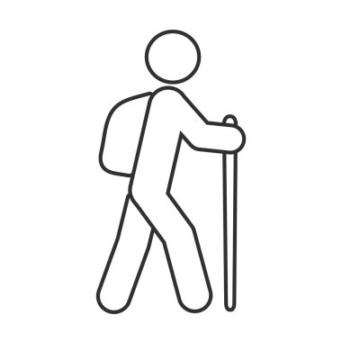 Yürüyüş, patika, baston simgesi. Yürüyüşçü, sırt çantalı logo işareti. Seyahat, seyahat vektör çizimi. Beyaz arkaplanda izole.