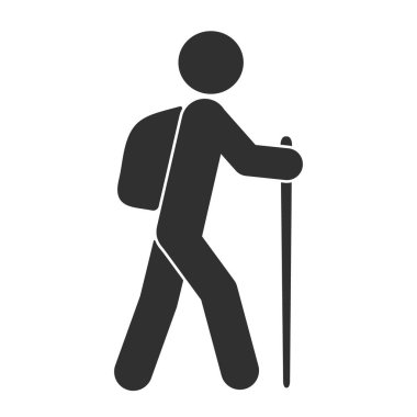 Yürüyüş, patika, baston simgesi. Yürüyüşçü, sırt çantalı logo işareti. Seyahat, seyahat vektör çizimi. Beyaz arkaplanda izole.