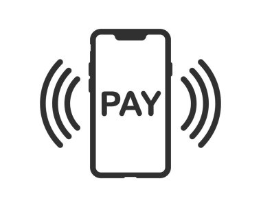 Akıllı telefon, temassız ödeme ikonları, kredi kartı ve el dinleme dalgası. Kablosuz NFC ve ücretsiz geçiş simgeleri ayarlandı. Vektör çizimi. Arkaplanda izole.