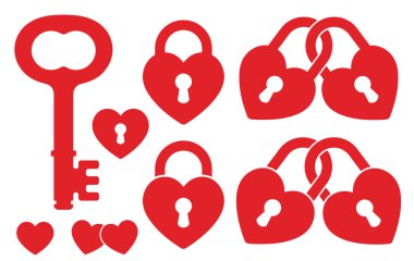 Romantik Kalp aşk kilidi ve anahtar simgesi. Romantik çift logosu. Vektör çizimi. Beyaz arkaplanda izole.