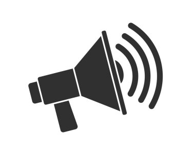 Megafon haber müziği düz stil ikon şekil sembolü. Sesli konuşma logosu silueti işareti. Hoparlör yükselticisi. Vektör çizimi. Beyaz arkaplanda izole.