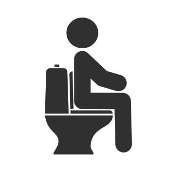 Tuvalet simgesinin üzerinde oturan insanlar. Adam ve tuvalet logosu tabelası. Tuvalette oturmak gibi. Vektör çizimi. Beyaz arkaplanda izole.