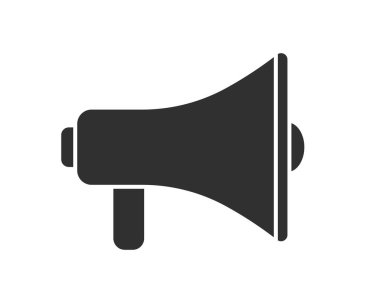 Megafon haber müziği düz stil ikon şekil sembolü. Sesli konuşma logosu silueti işareti. Hoparlör yükselticisi. Vektör çizimi. Beyaz arkaplanda izole.