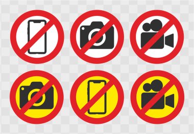 No Photographing prohibition sign symbol icon. No Video, photo, phone not allowed, prohibited logo pictogram. Vector illustration. Isolated on white background. clipart