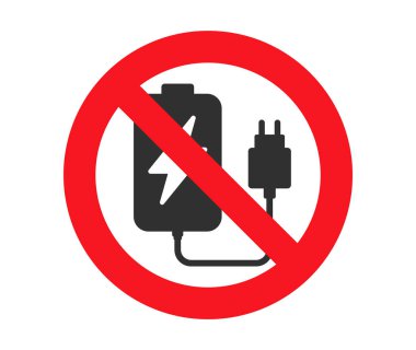 Telefon simgesini şarj etmek yasaktır. Şarj sembolü yok. Yasak cep telefonu şarjı logosu. Vektör çizimi. Beyaz arkaplanda izole.