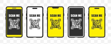 Akıllı telefonlu QR kod düz simgesini tara. Cep telefonu uygulaması, ödeme ve indirimler için QR Kodu şablonu. Barkod. Cep telefonu ödemesi ve çabuk. Vektör çizimi. Beyaz arkaplanda izole.