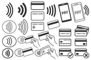 Temassız ödeme ikonları, kredi kartları ve el şakaları. Kablosuz NFC ve ücretsiz geçiş simgeleri ayarlandı. Vektör çizimi. Arkaplanda izole.