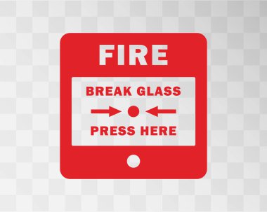 Camı kır, buraya bas. Acil Yangın Alarm Sistemi simgesi. Yangın alarmı logosu işareti. Vektör çizimi. Arkaplanda izole.