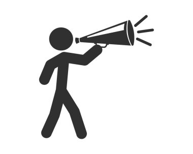 İnsan figürü ve megafon şekil sembolü. Çubuk Adam Ses Ses logosu silueti işareti. Vektör çizimi. Beyaz arkaplanda izole.