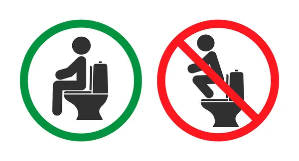 Su dolabı ve simge sembolünü kullanmanın doğru yolu. Tuvaletin üstüne çömelme. Tuvalet tabelası. Hayır, yasak, yasak. Vektör çizimi. Beyaz arkaplanda izole.