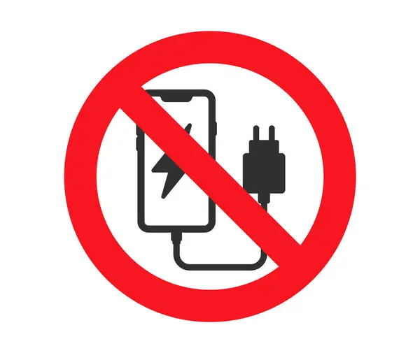 Telefon simgesini şarj etmek yasaktır. Şarj sembolü yok. Yasak cep telefonu şarjı logosu. Vektör çizimi. Beyaz arkaplanda izole.