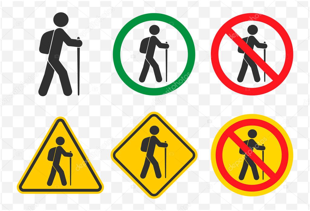 Hiking, path, walking stick icon symbol. Hiker, backpacker logo sign. Journey, Travel vector illustration image. Prohibited, No, Not allowed, Forbidden.