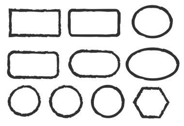 Pullar çerçeve vektör simgesi biçimi seti. Müstehcen mürekkep etiketleri imza koleksiyonu. Beyaz arka planda izole edilmiş. Siyah yuvarlak ve kare sınır paketi.