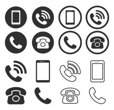Telefon simgesi seti. Akıllı telefon, eski telefon logosu şekil koleksiyonu. Vektör çizimi. Beyaz arkaplanda izole.