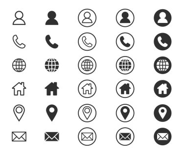 Şirket Bağlantısı kartvizit simgesi seti. Telefon, isim, web sitesi, adres, konum ve posta amblemi işareti paketi. Vektör çizimi. Beyaz arka planda izole edilmiş. Kişi tasarım şablonu.