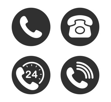 Telefon bağlantısı simgesi seti. Eski telefon logosu şekil koleksiyonu. 24 saat hizmet. Vektör çizimi. Beyaz arkaplanda izole.