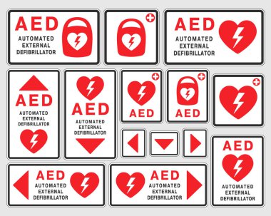AED acil durum defibrilatör simgesi. İlk yardım otomatik dış defibrilatör. Vektör çizimi. Beyaz arkaplanda izole.