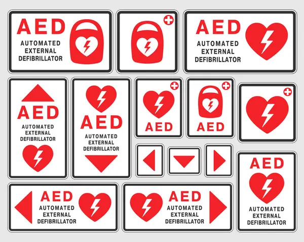 AED acil durum defibrilatör simgesi. İlk yardım otomatik dış defibrilatör. Vektör çizimi. Beyaz arkaplanda izole.