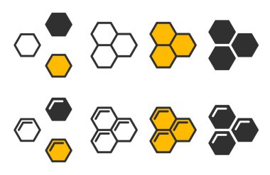 Çeşitli bal peteği simgesi seti. Bal sembolü amblem koleksiyonu. Arı cilası işareti. Sarı altıgen tarağı. Vektör çizimi. Beyaz arkaplanda izole.