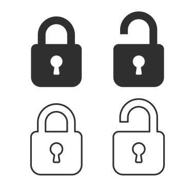 Simge gizlilik sembolünü kilitle ve aç. Logo işaretini kapat ve aç. Kilitli ve açık. Vektör çizimi. Beyaz arkaplanda izole.