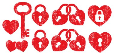 Romantik Kalp aşk kilidi ve anahtar simgesi. Romantik çift logosu. Grunge damgası. Vektör çizimi. Beyaz arkaplanda izole. 