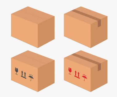 Gerçekçi karton kutu taklit ikonu sembolü. Boş kargo kutusu teslimatı. Kırılgan. Vektör çizimi. Beyaz arkaplanda izole.