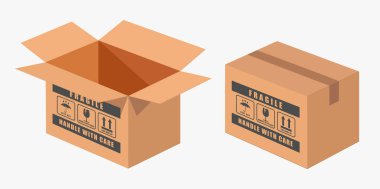 Gerçekçi Açık karton kutu taklit simgesi. Boş kargo kutusu teslimatı. Kırılgan. Vektör çizimi. Beyaz arkaplanda izole.