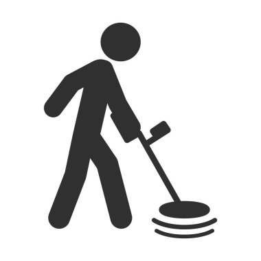 Metal dedektörü insan figürü simgesi. Metal detektörü işareti. Metal dedektörlü bir adamın silueti. Vektör çizimi. Beyaz arkaplanda izole.