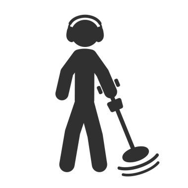 Metal dedektörü insan figürü simgesi. Metal detektörü işareti. Metal dedektörlü bir adamın silueti. Vektör çizimi. Beyaz arkaplanda izole.