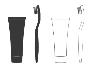 Diş fırçası ve diş macunu siluet sembol şekli. Diş bakımı diş fırçası logosu işareti. Vektör çizimi. Beyaz arkaplanda izole.