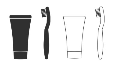 Diş fırçası ve diş macunu siluet sembol şekli. Diş bakımı diş fırçası logosu işareti. Vektör çizimi. Beyaz arkaplanda izole.