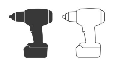 Kablosuz çarpma anahtarı sürücü simgesi şekli. Pilli tornavida matkap logosu. Düzelt, düzelt, düzelt. Vektör çizimi. Beyaz arkaplanda izole.